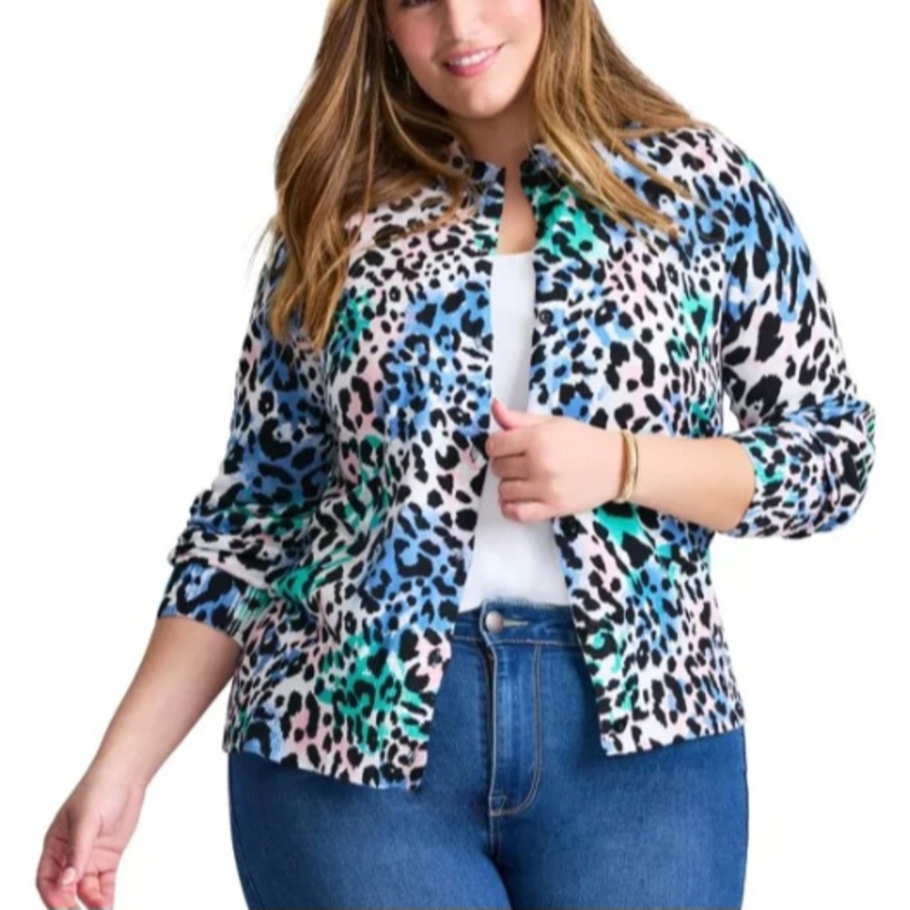 Avenue Multicolor Patterned Animal Print Button Up Cardigan Size 18 NWT